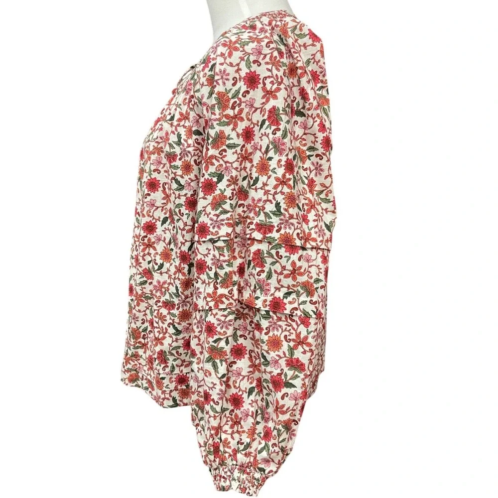 Cottagecore Puff-Sleeve Floral Printed‎ Smocked Poet Swing Oversized Top Size XS